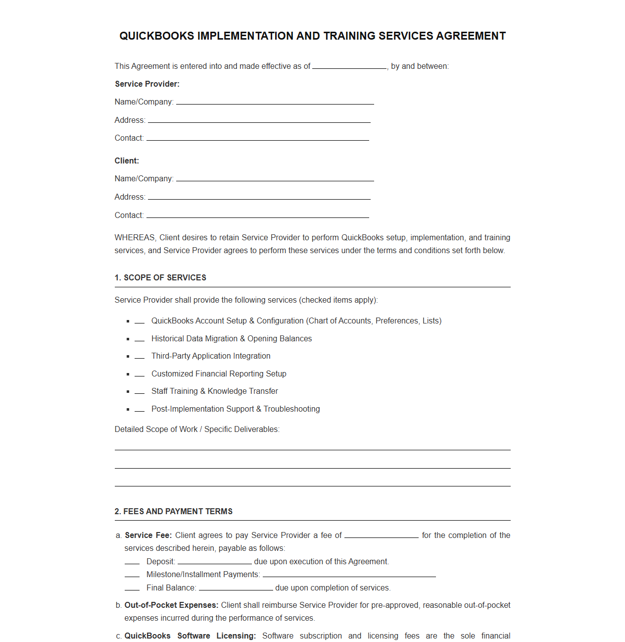 QuickBooks Implementation and Training Services Contract