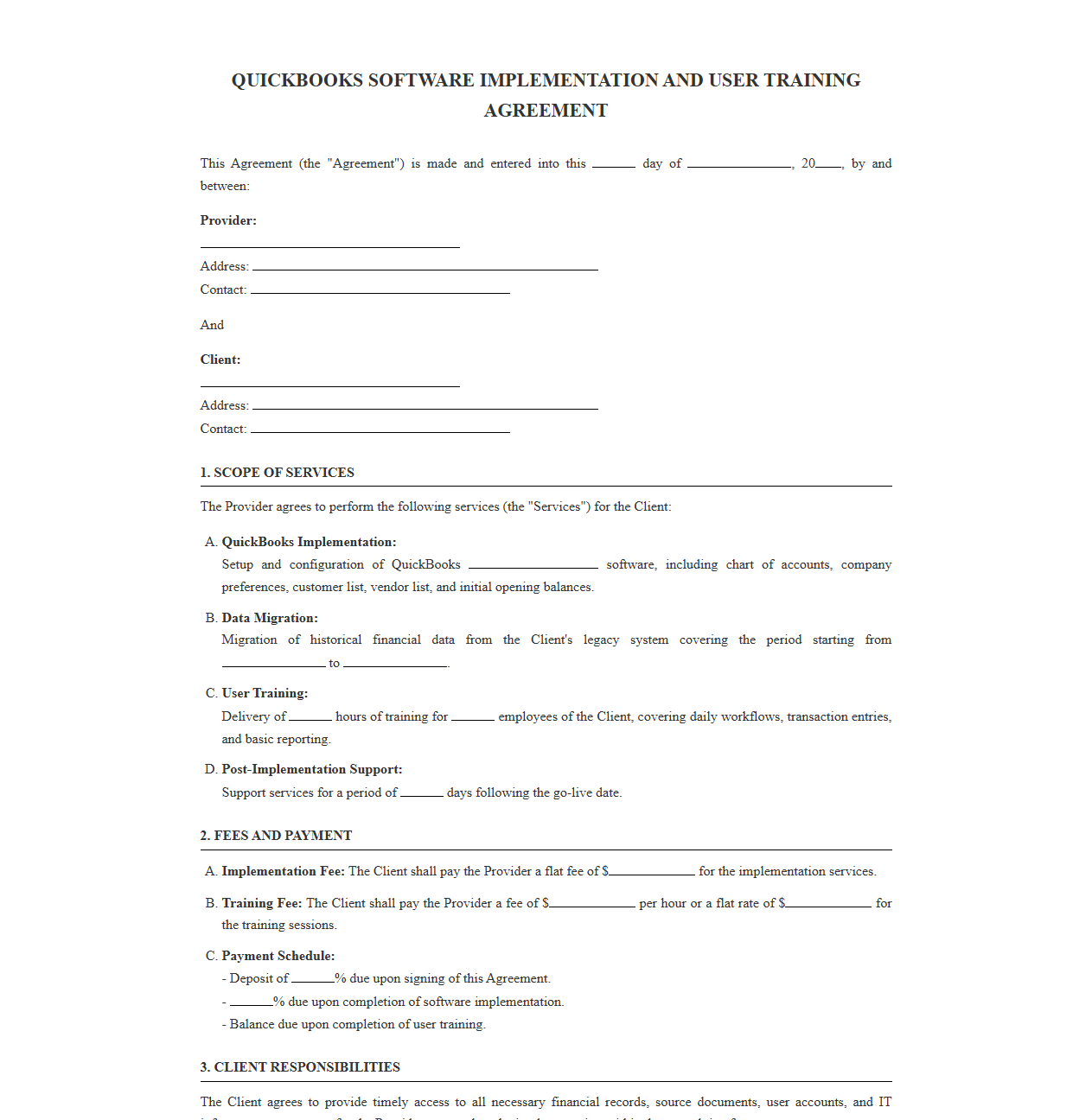 QuickBooks Software Implementation and User Training Agreement