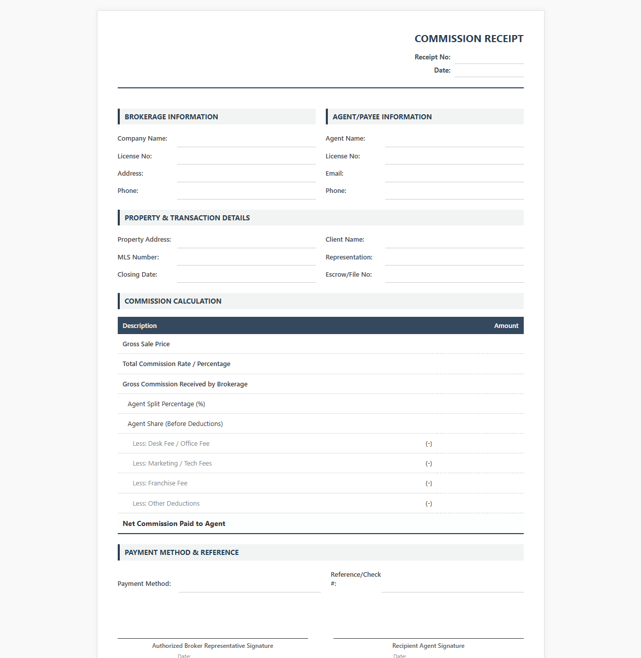 Real Estate Commission Sales Transaction Receipt