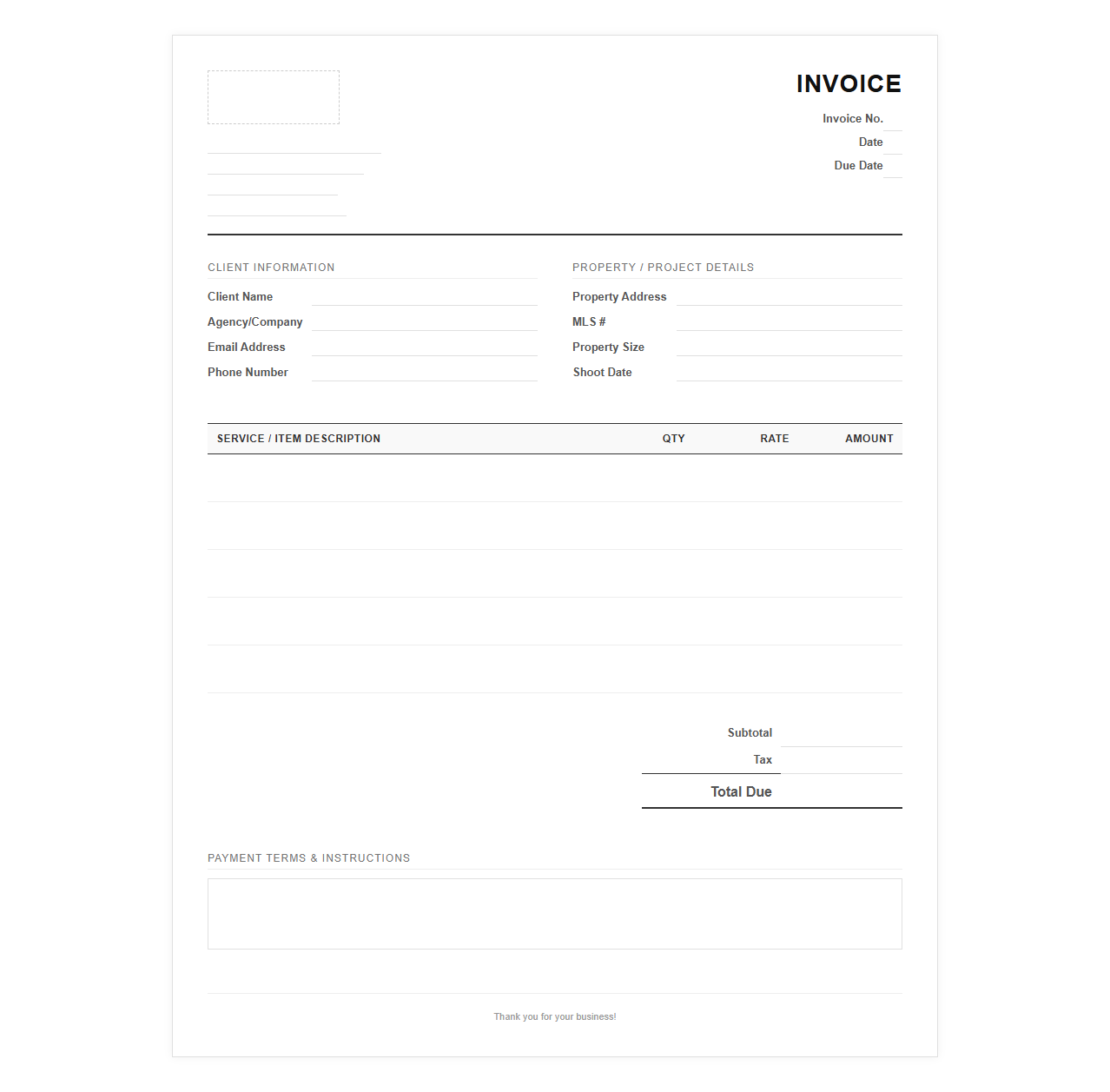 Real Estate Photography Invoice Template