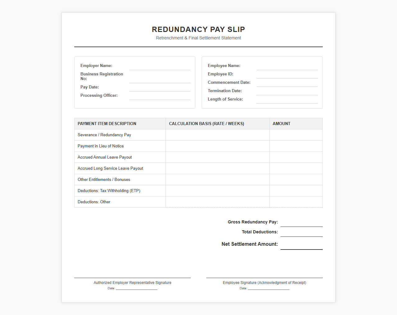 Redundancy Pay Payroll Template