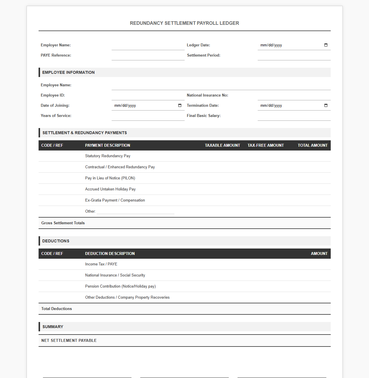 Redundancy Settlement Payroll Ledger Template
