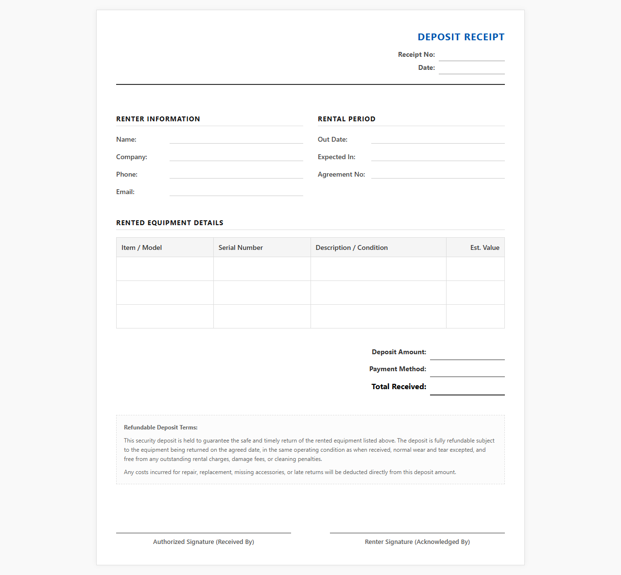 Refundable Equipment Rental Deposit Receipt