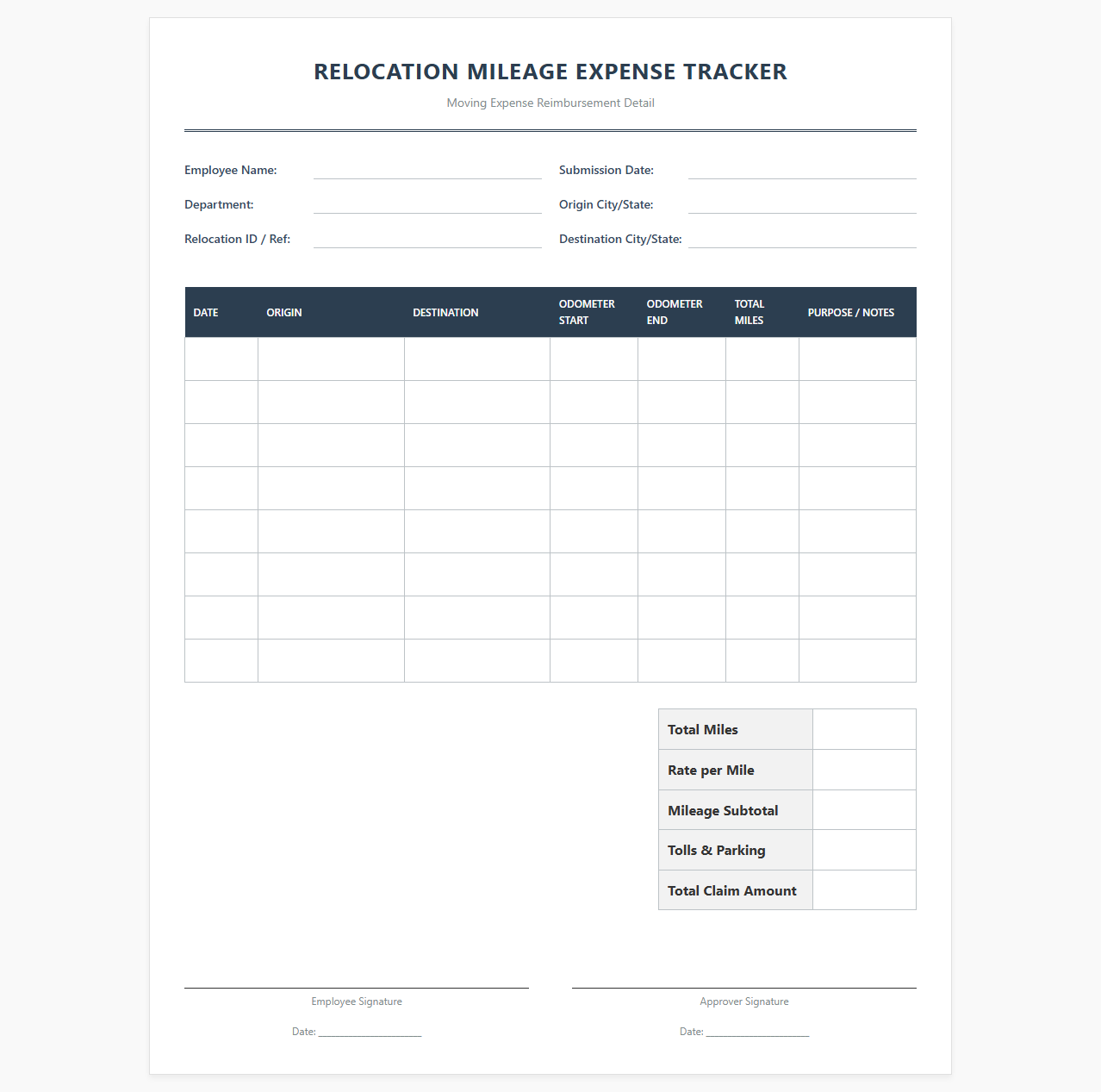 Relocation Mileage Expense Tracker