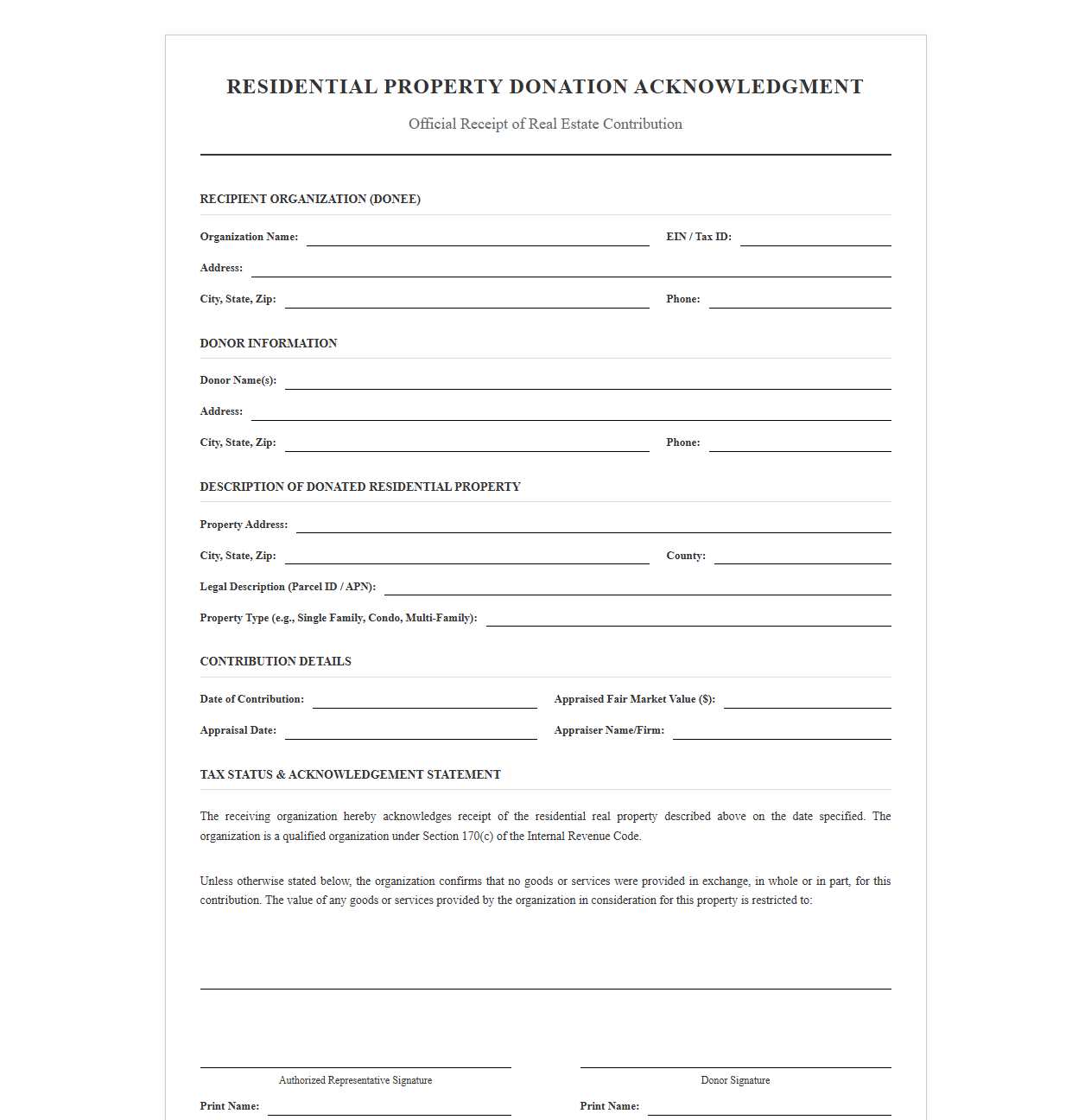 Residential Property Donation Acknowledgment
