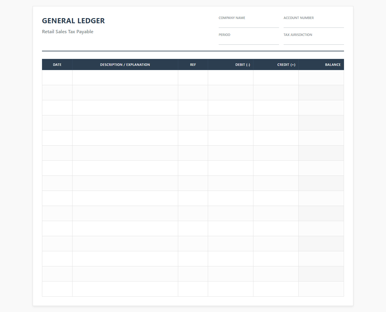 Retail Sales Tax Payable General Ledger Template