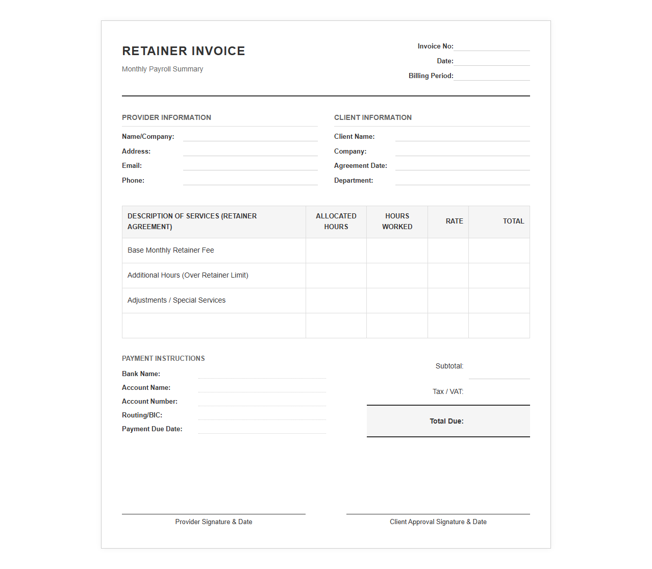 Retainer Agreement Monthly Payroll Invoice Template