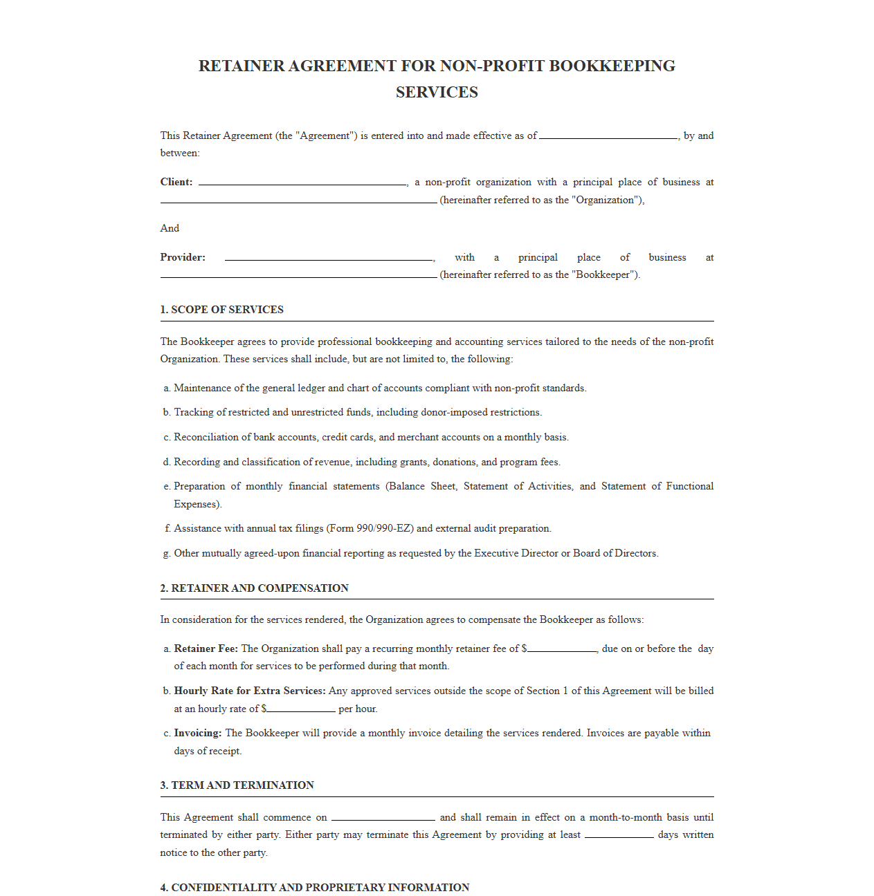 Retainer Agreement for Non-Profit Bookkeeping Services