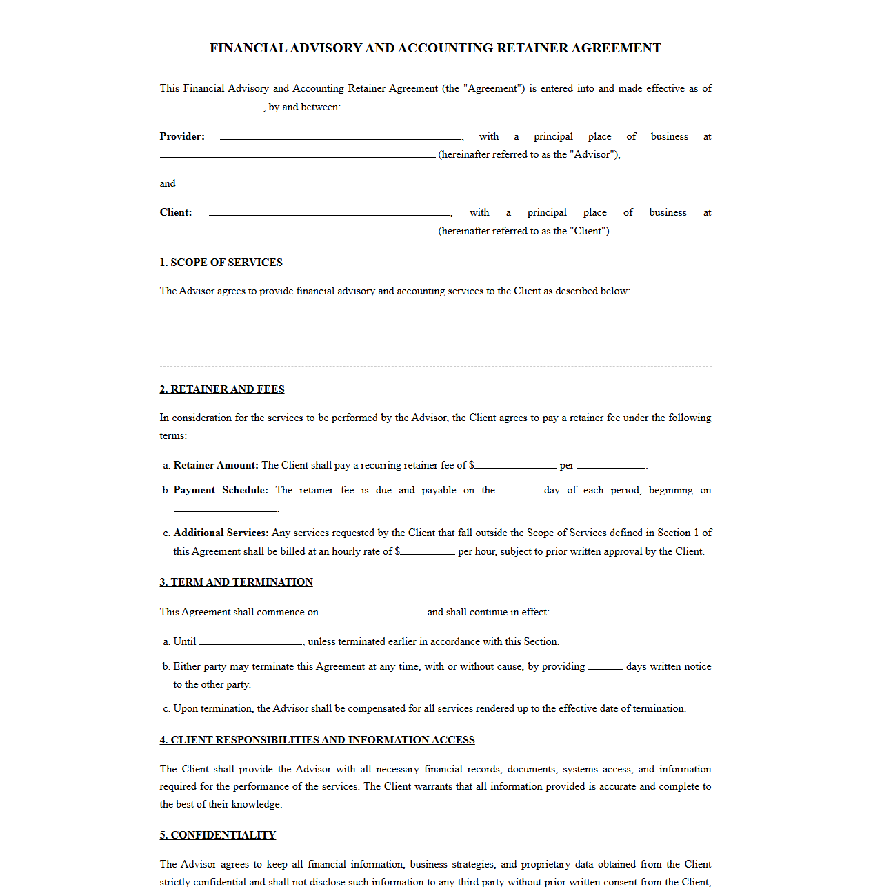 Retainer Contract for Financial Advisory and Accounting Services