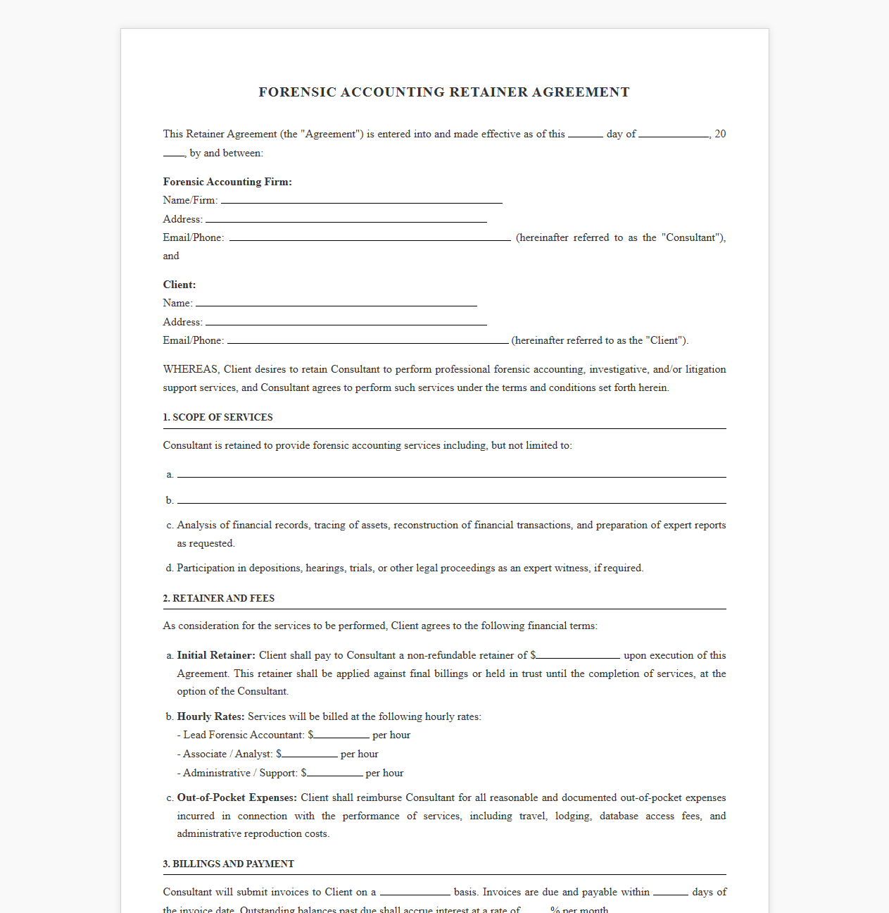 Retainer Contract for Forensic Accounting Investigations