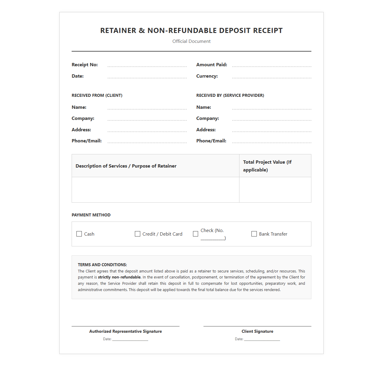 Retainer and Non-Refundable Deposit Receipt
