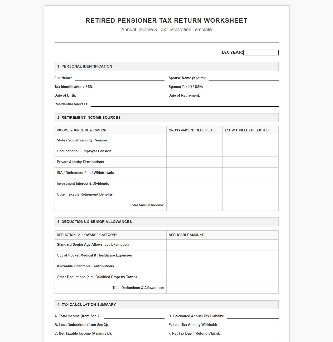 Retired Pensioner Tax Return Worksheet