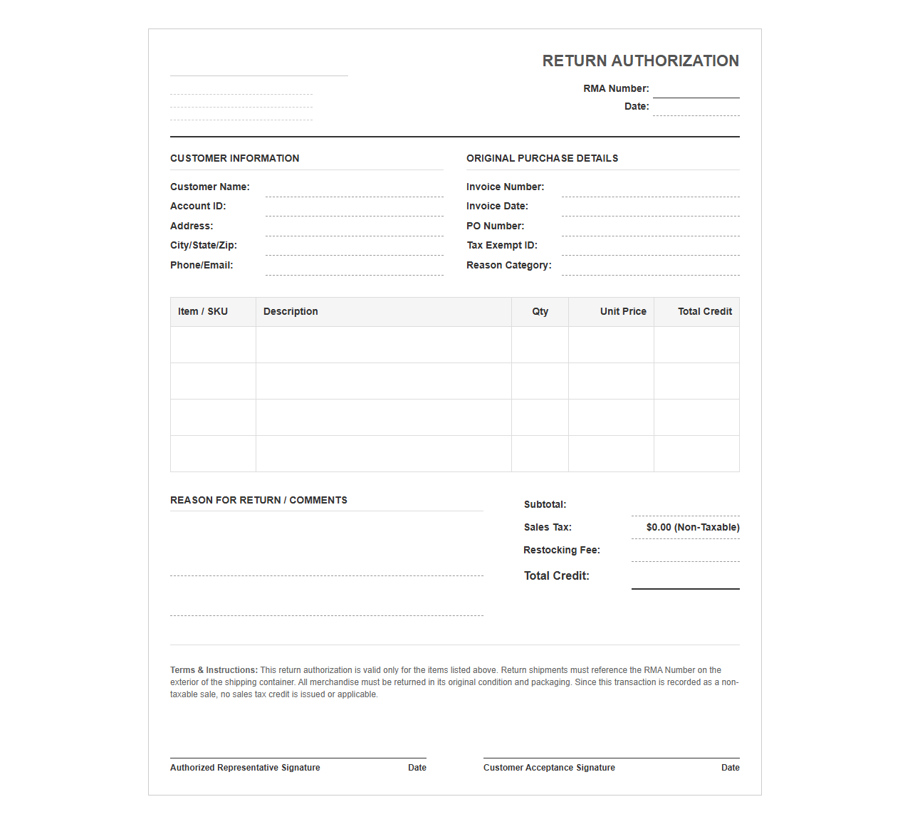 Return Authorization Template for Non-Taxable Sales