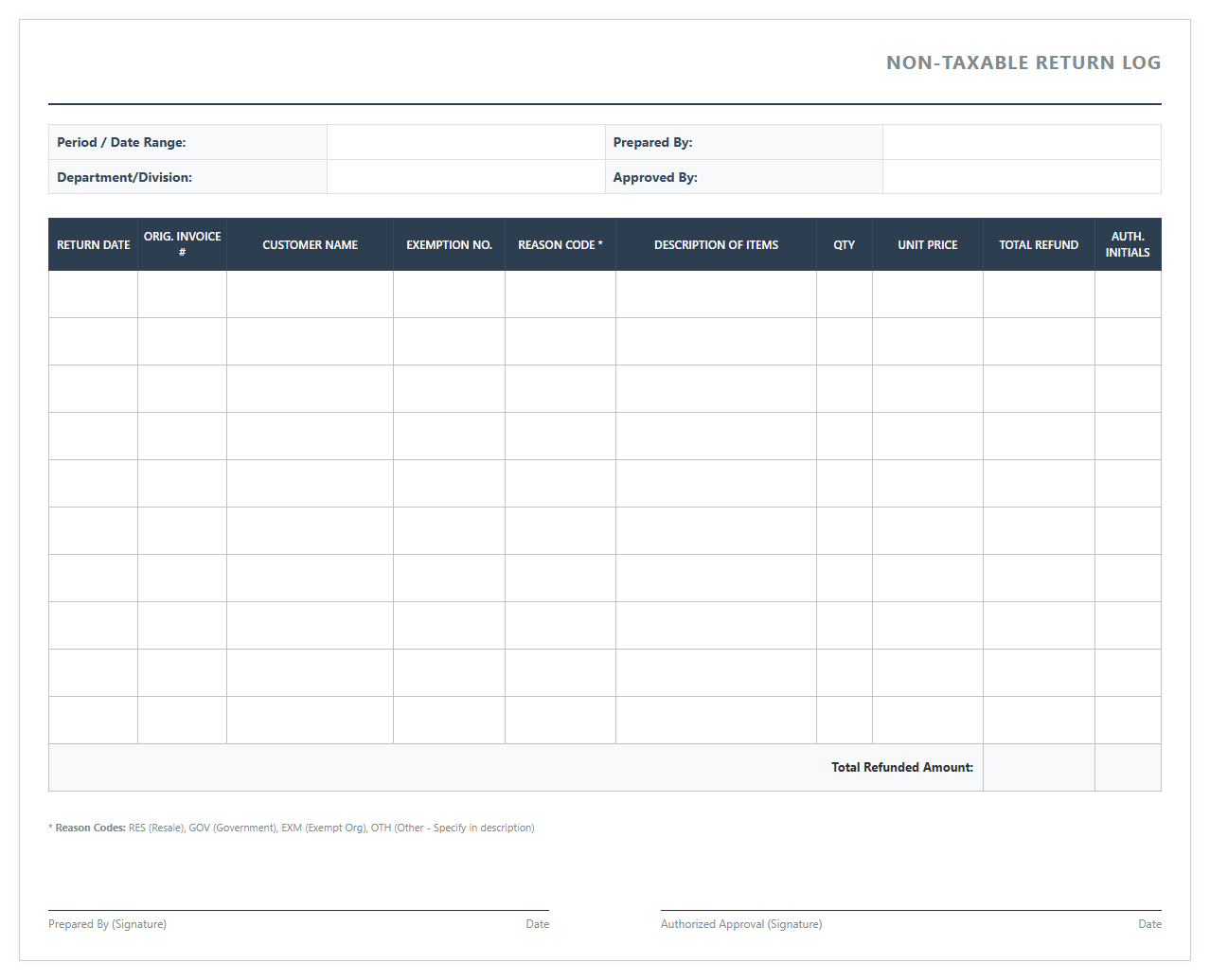 Return Log Template for Non-Taxable Transactions