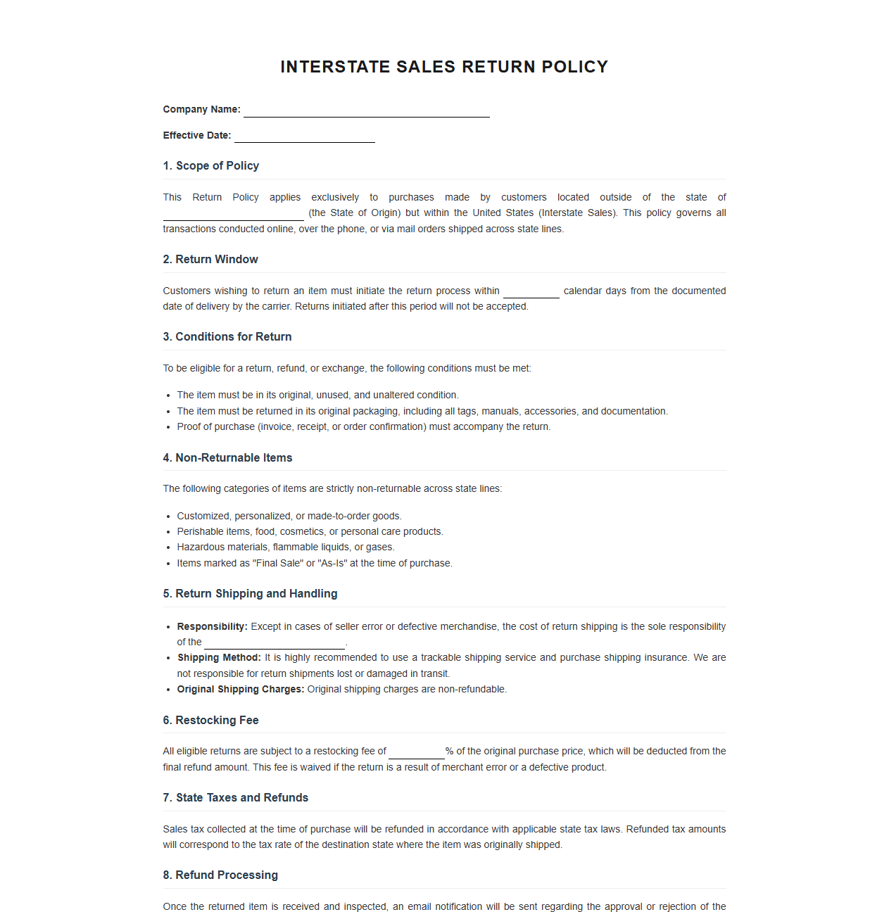Return Policy Template for Interstate Sales