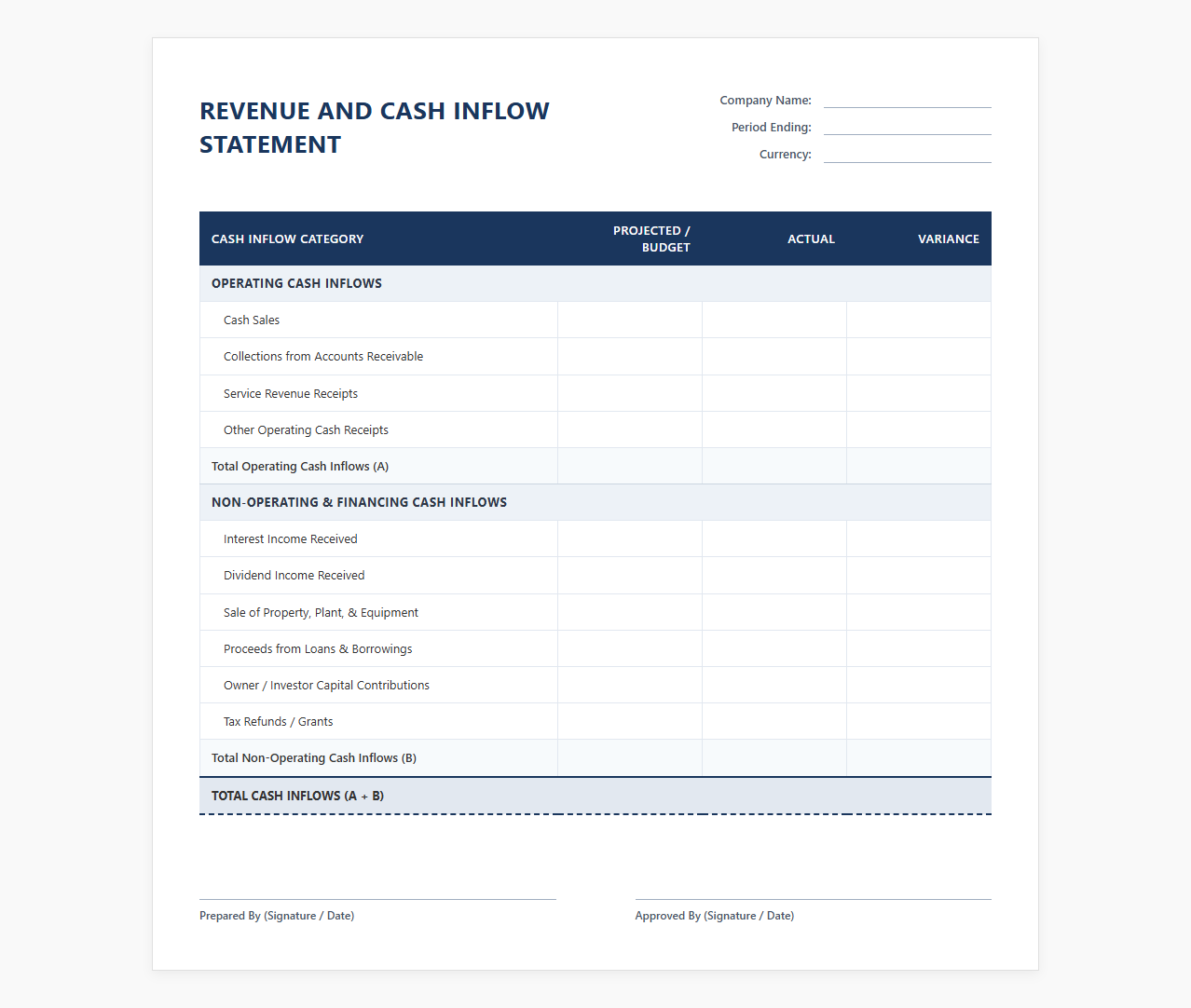 Revenue and Cash Inflow Statement Template