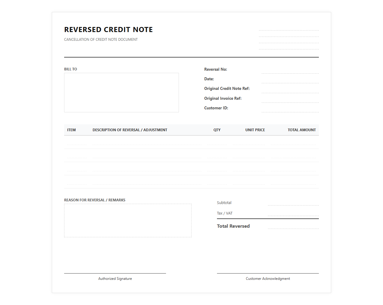 Reversed Credit Note Invoice Template