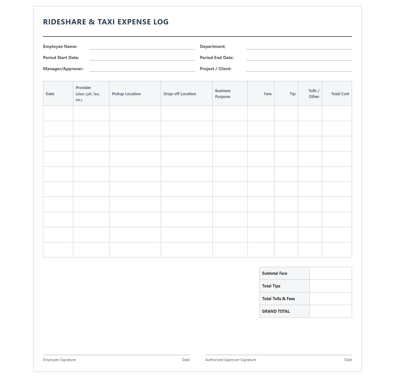 Rideshare and Taxi Expense Log