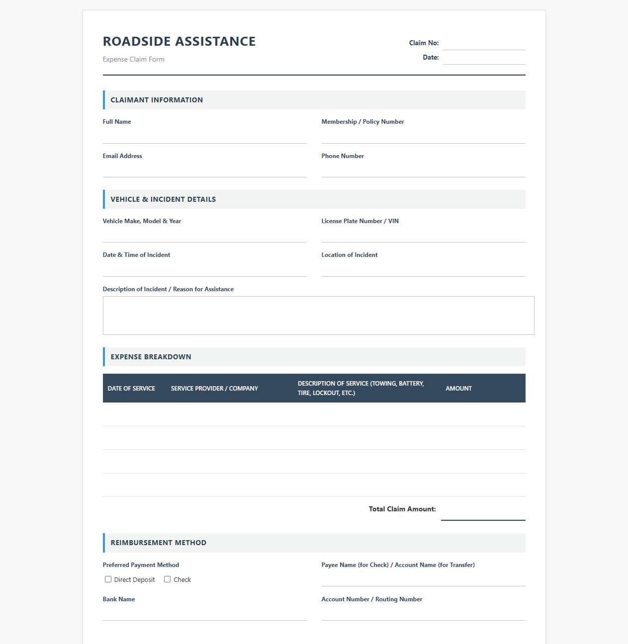 Roadside Assistance Expense Claim Form