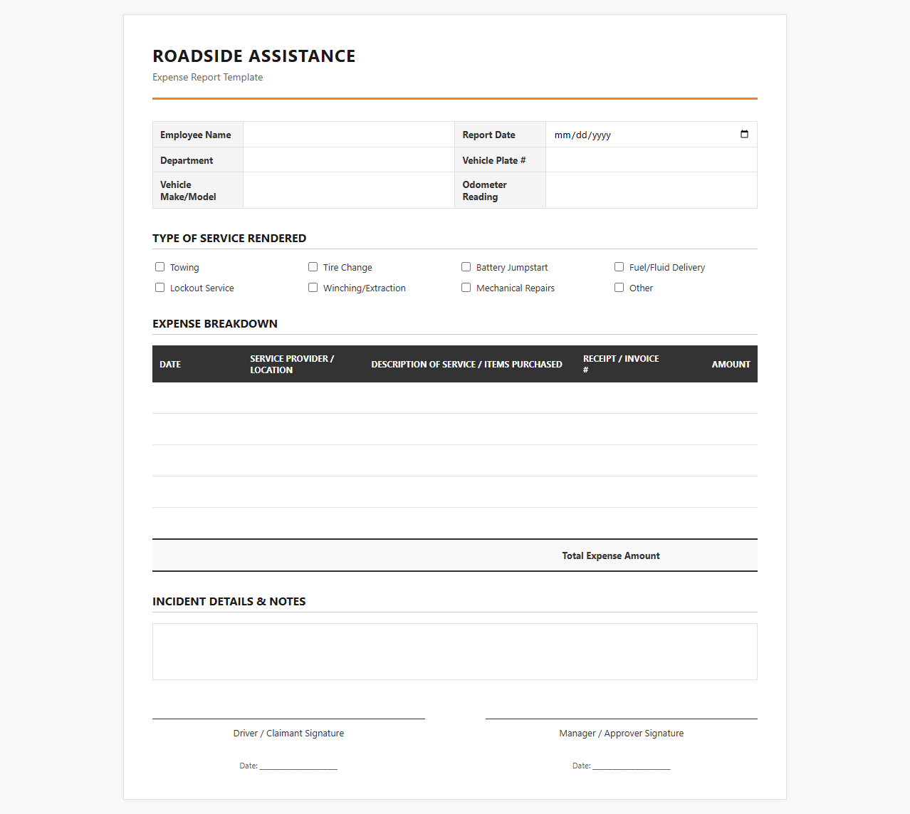 Roadside Services Expense Report Template
