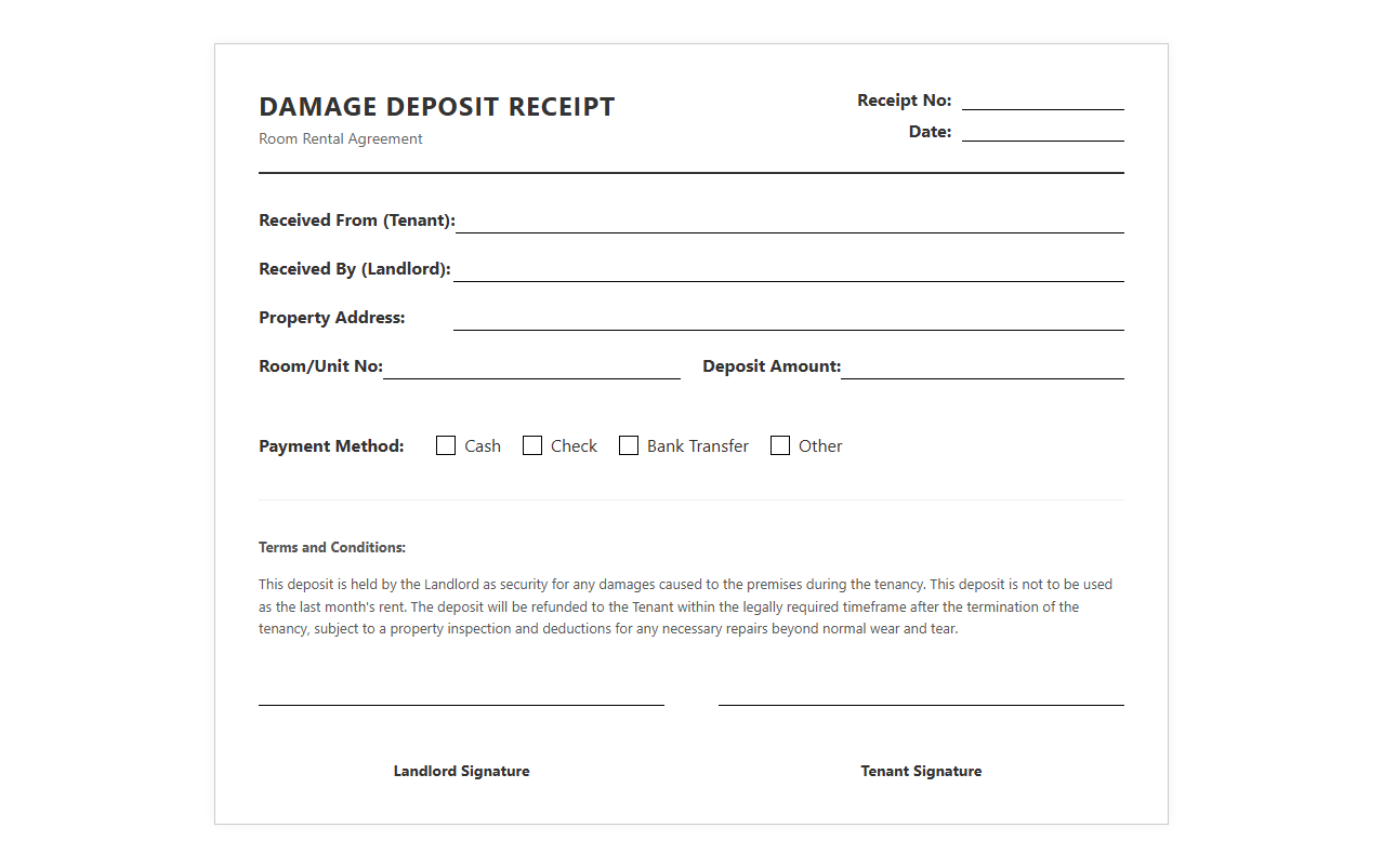 Room Rental Damage Deposit Receipt