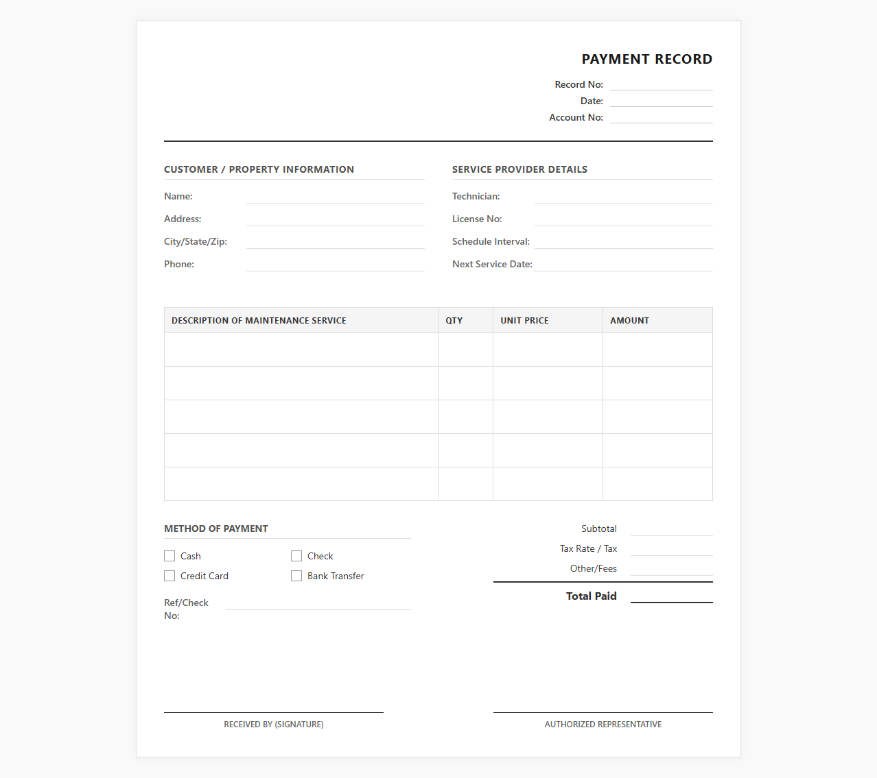 Routine Maintenance Payment Record