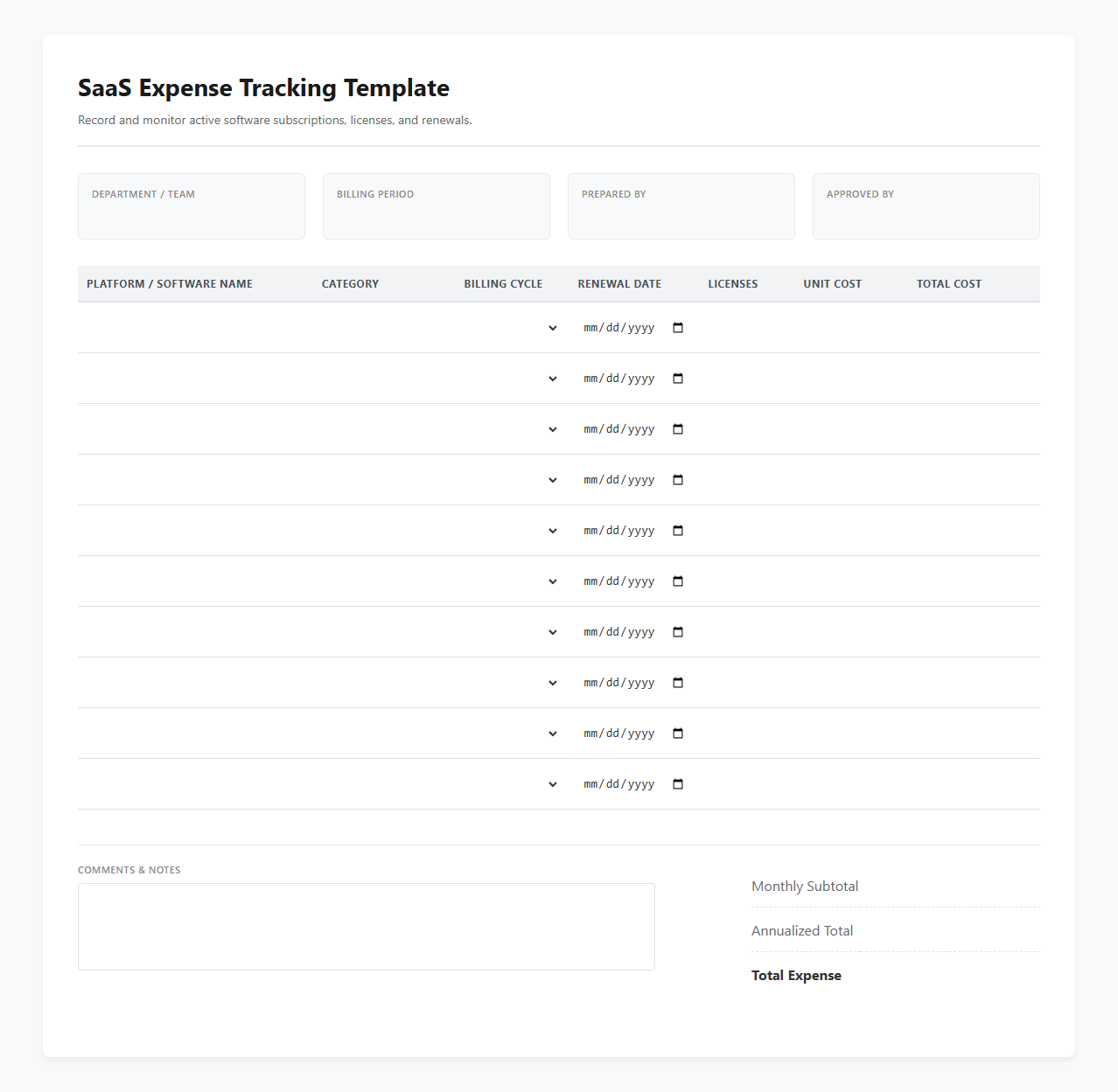 SaaS Expense Tracking Template