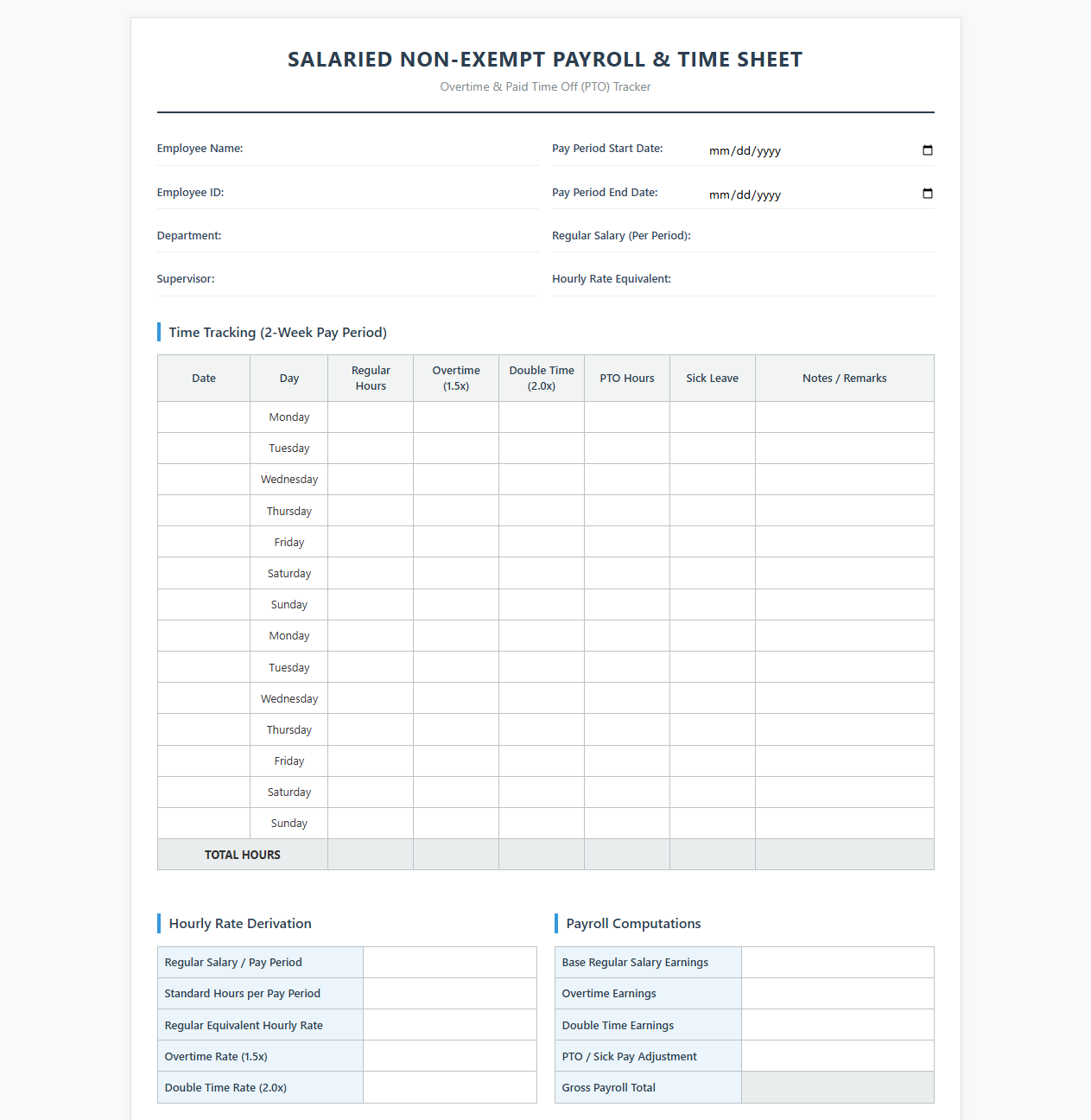 Salaried Non-Exempt Overtime and PTO Payroll Template