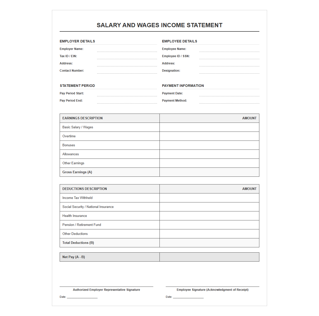 Salary and Wage Income Statement Template