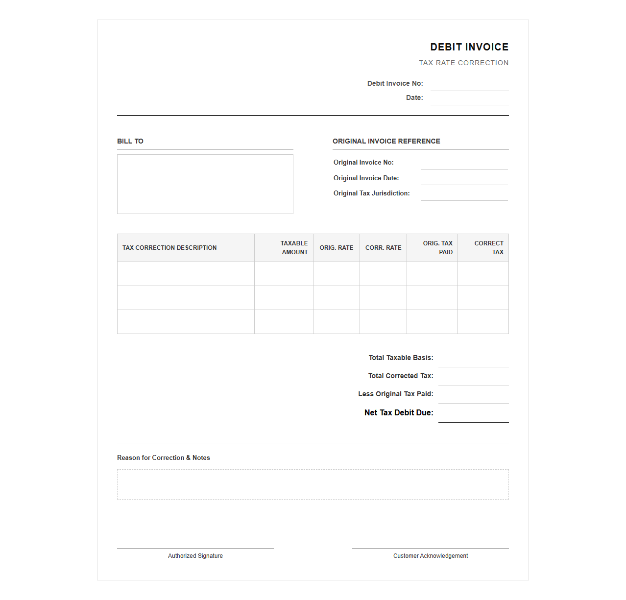 Sales Tax Rate Correction Debit Invoice