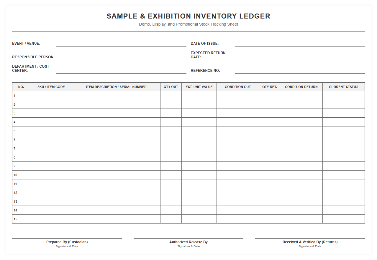 Sample and Exhibition Inventory Ledger Sheet