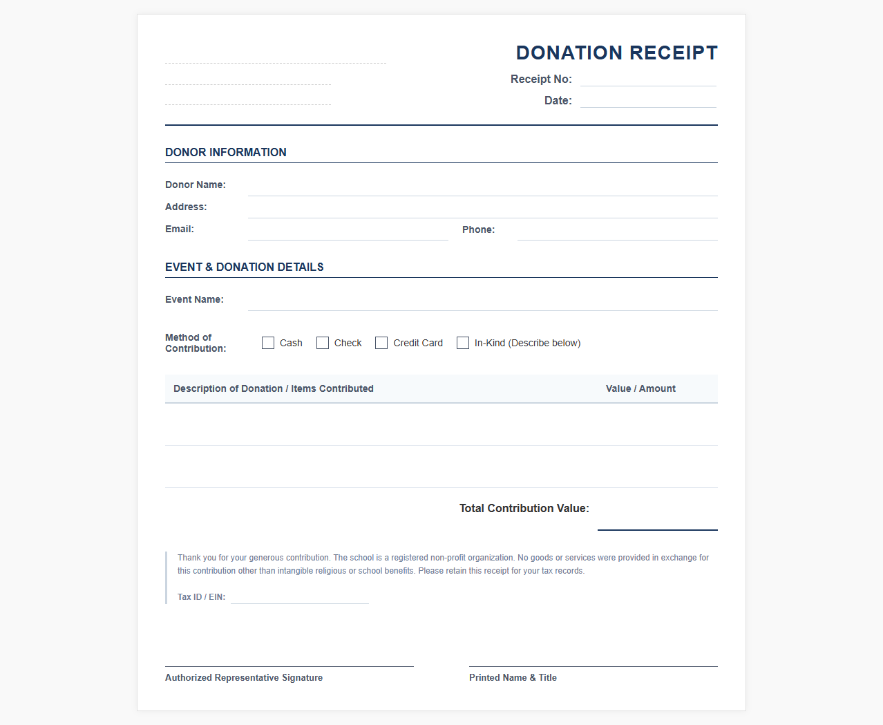 School Charity Event Donation Receipt Template