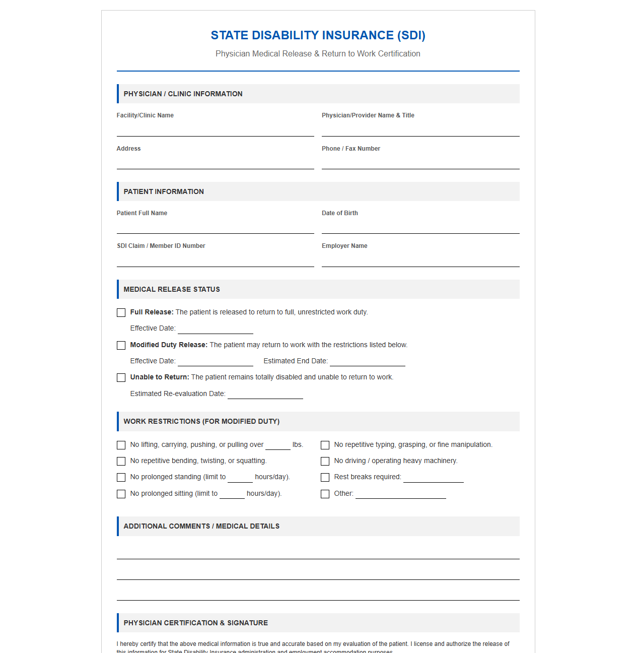SDI Physician Medical Release and Return Template