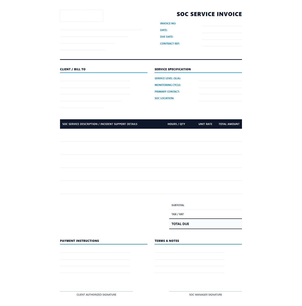Security Operations Center Support Service Invoice Template