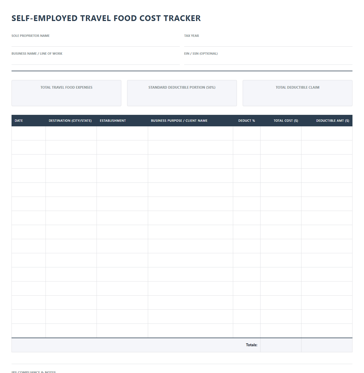 Self-Employed Travel Food Cost Tracker