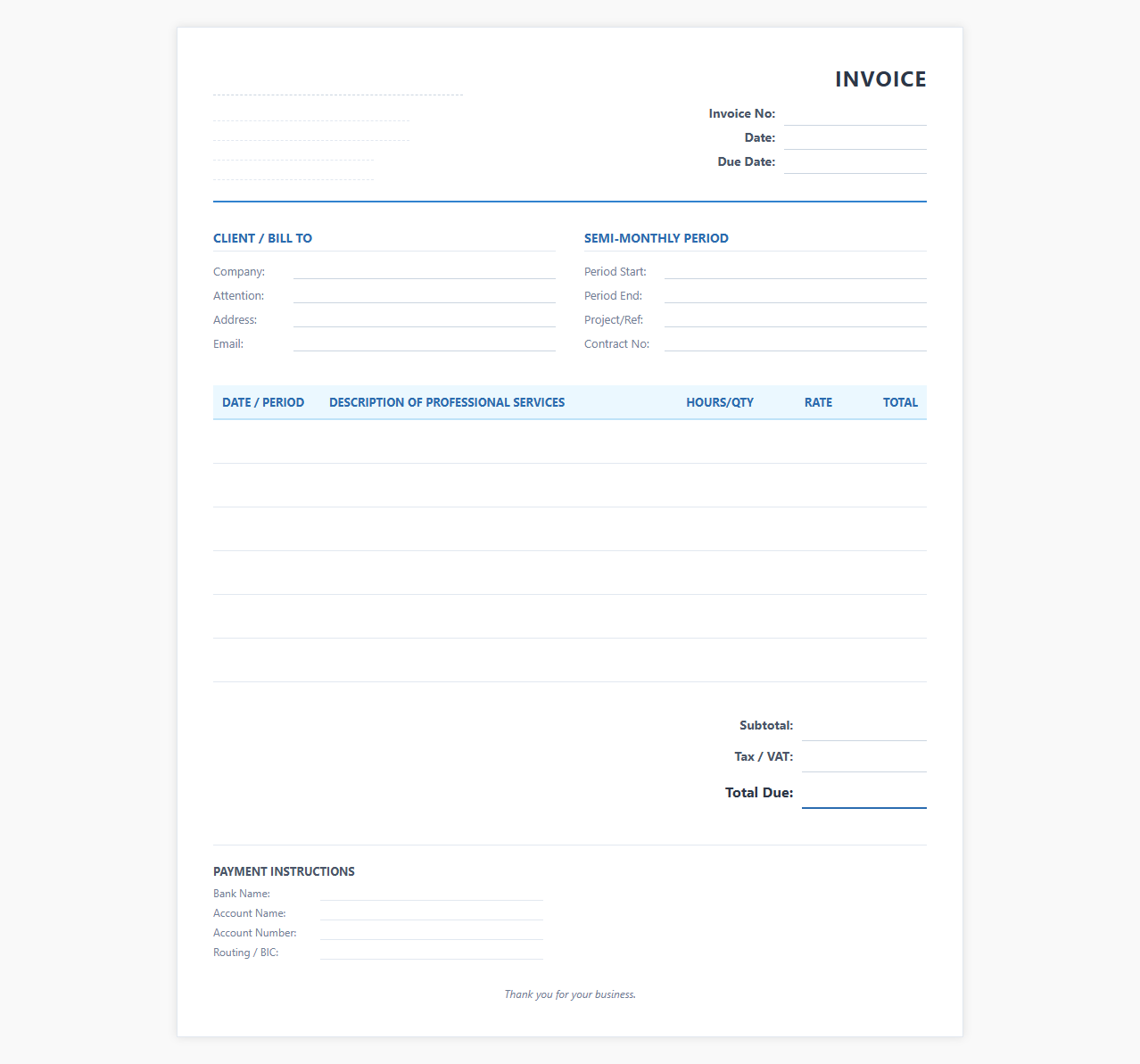 Semi-Monthly Professional Services Invoice Template