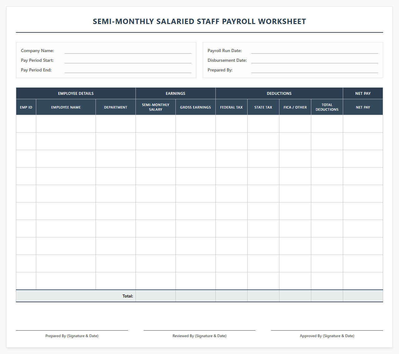 Semi-Monthly Salaried Staff Payroll Worksheet