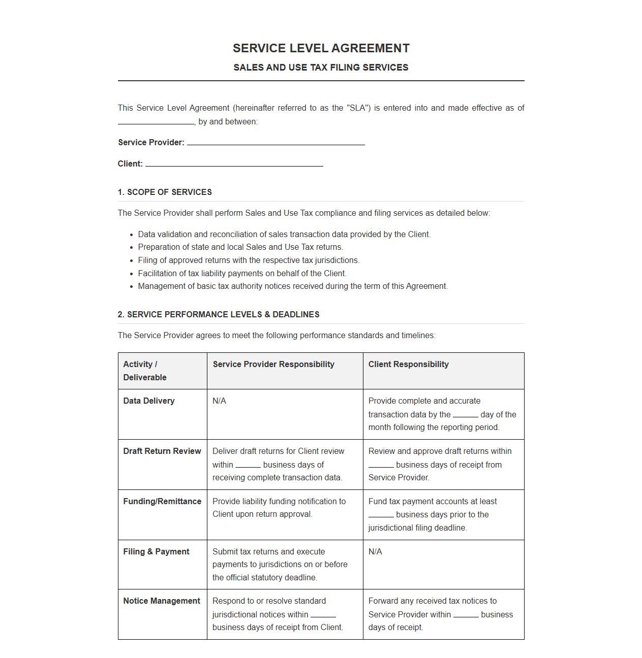 Service Level Agreement for Sales and Use Tax Filing