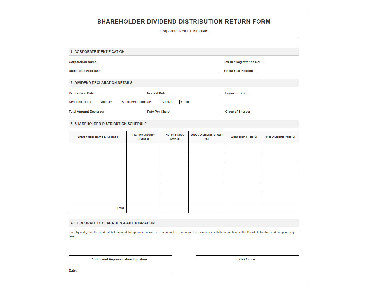 Shareholder Dividend Distribution Return Form