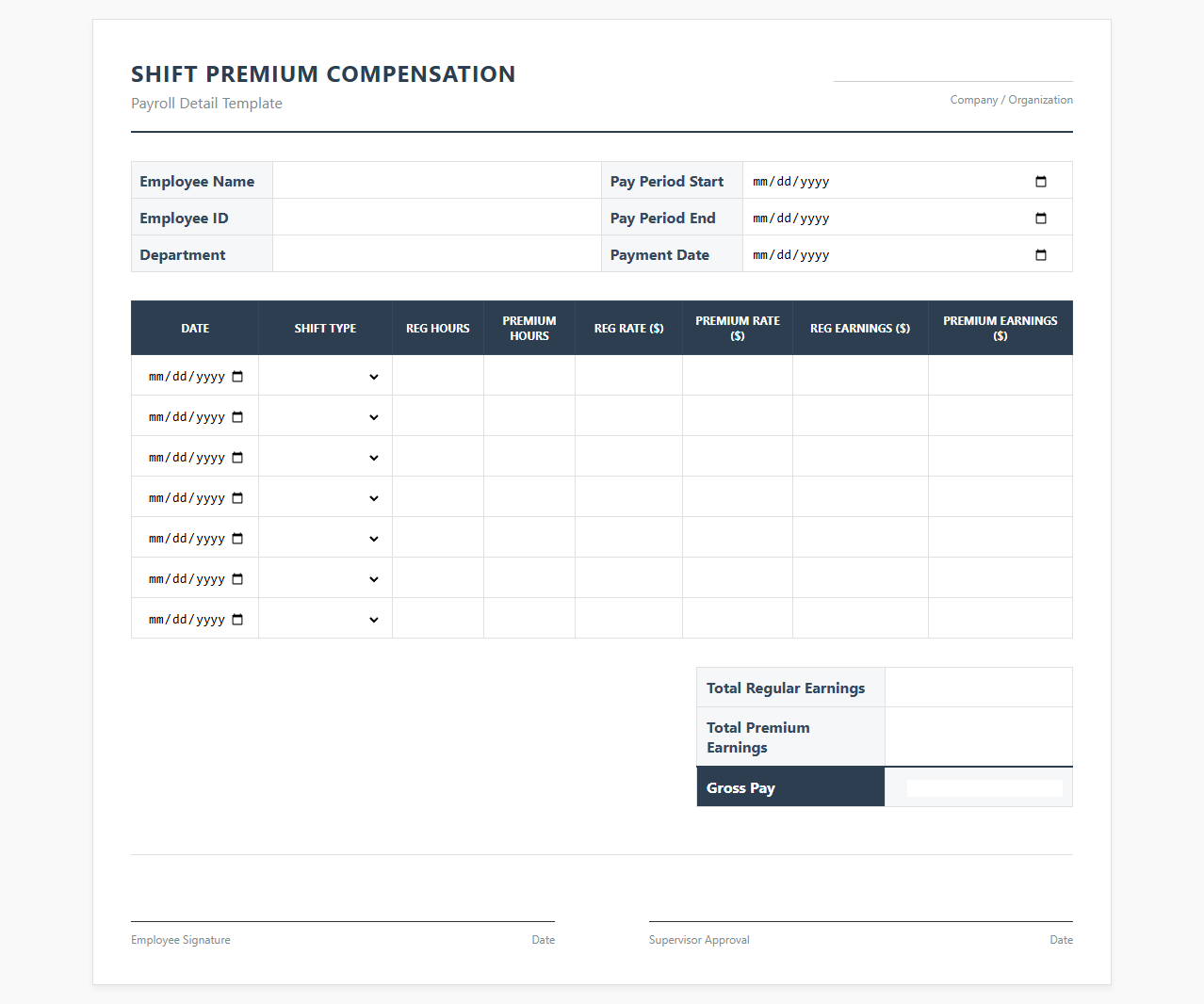 Shift Premium Compensation Payroll Template