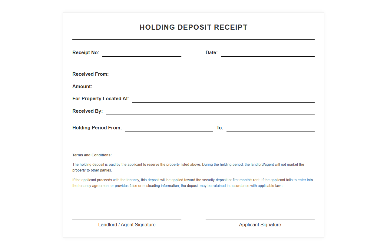 Simple Holding Deposit Receipt Template
