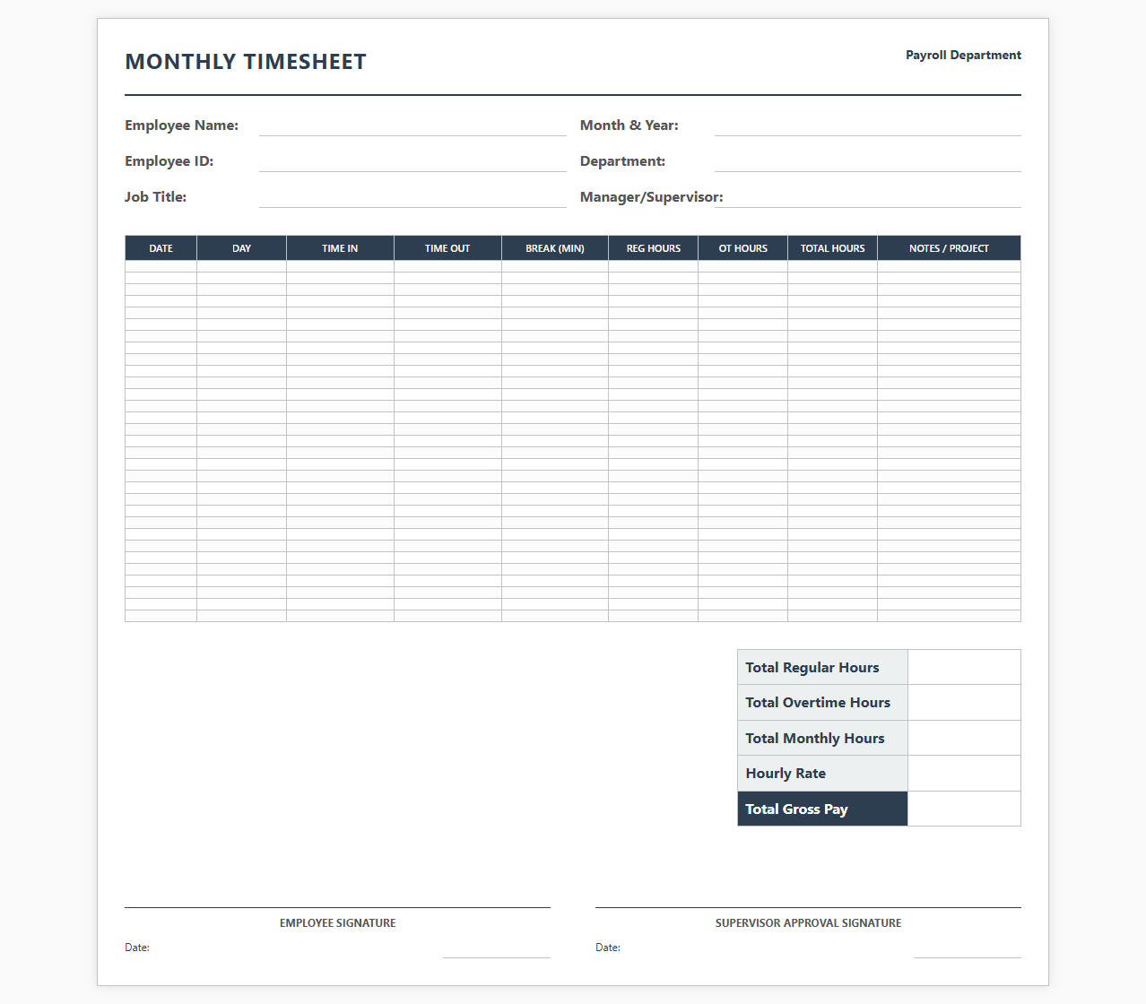 Simple Monthly Timesheet for Payroll Processing