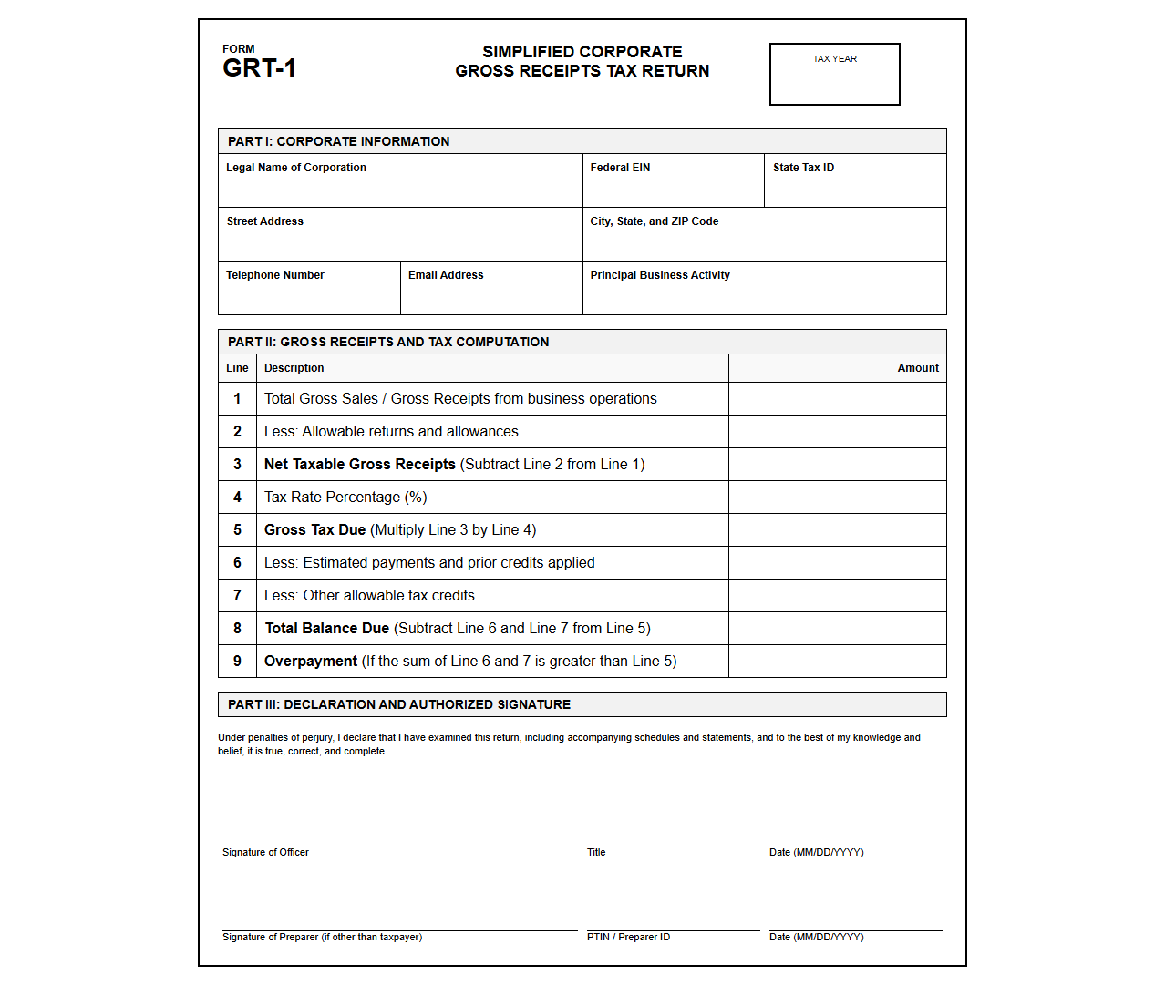 Simplified Corporate Gross Receipts Tax Return Form