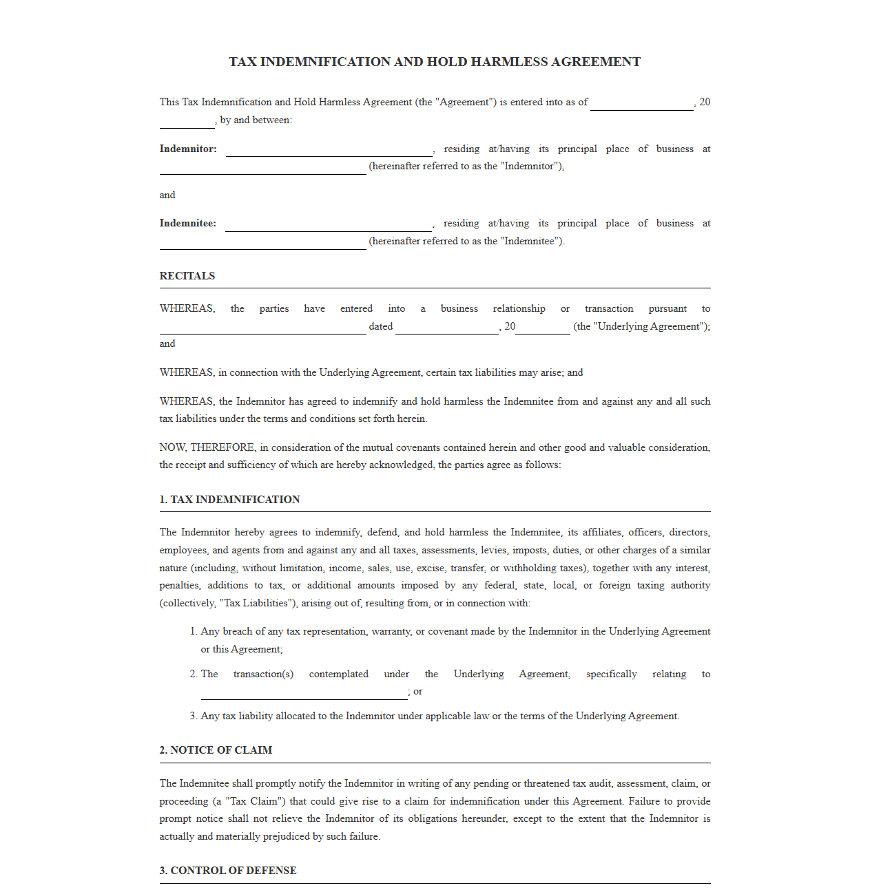 Simplified Tax Indemnification and Hold Harmless Agreement
