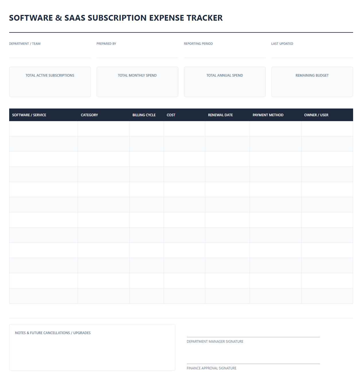 Software and SaaS Subscription Expense Tracker