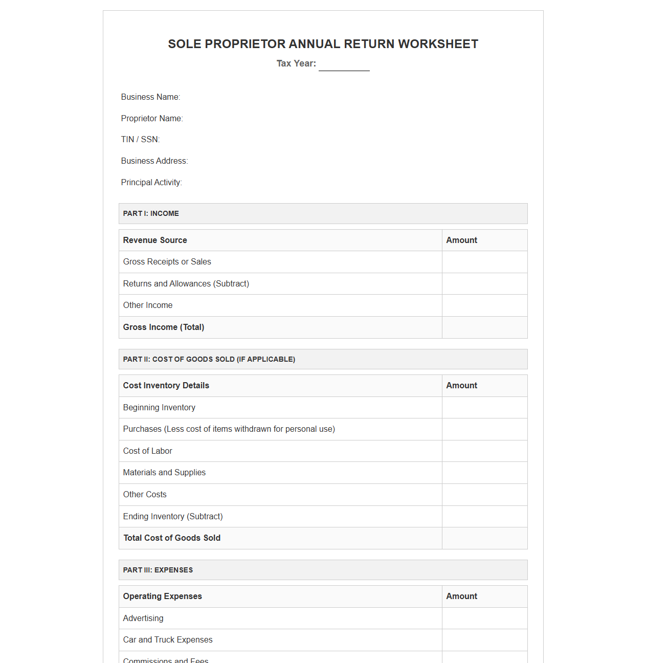 Sole Proprietor Annual Return Worksheet