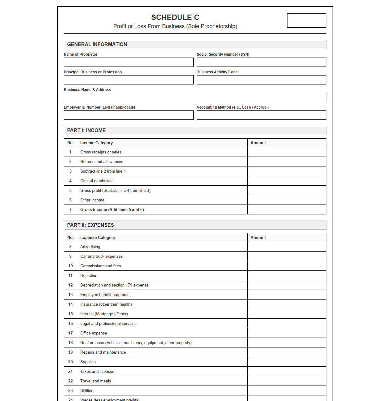 Sole Proprietor Income Tax Return Template