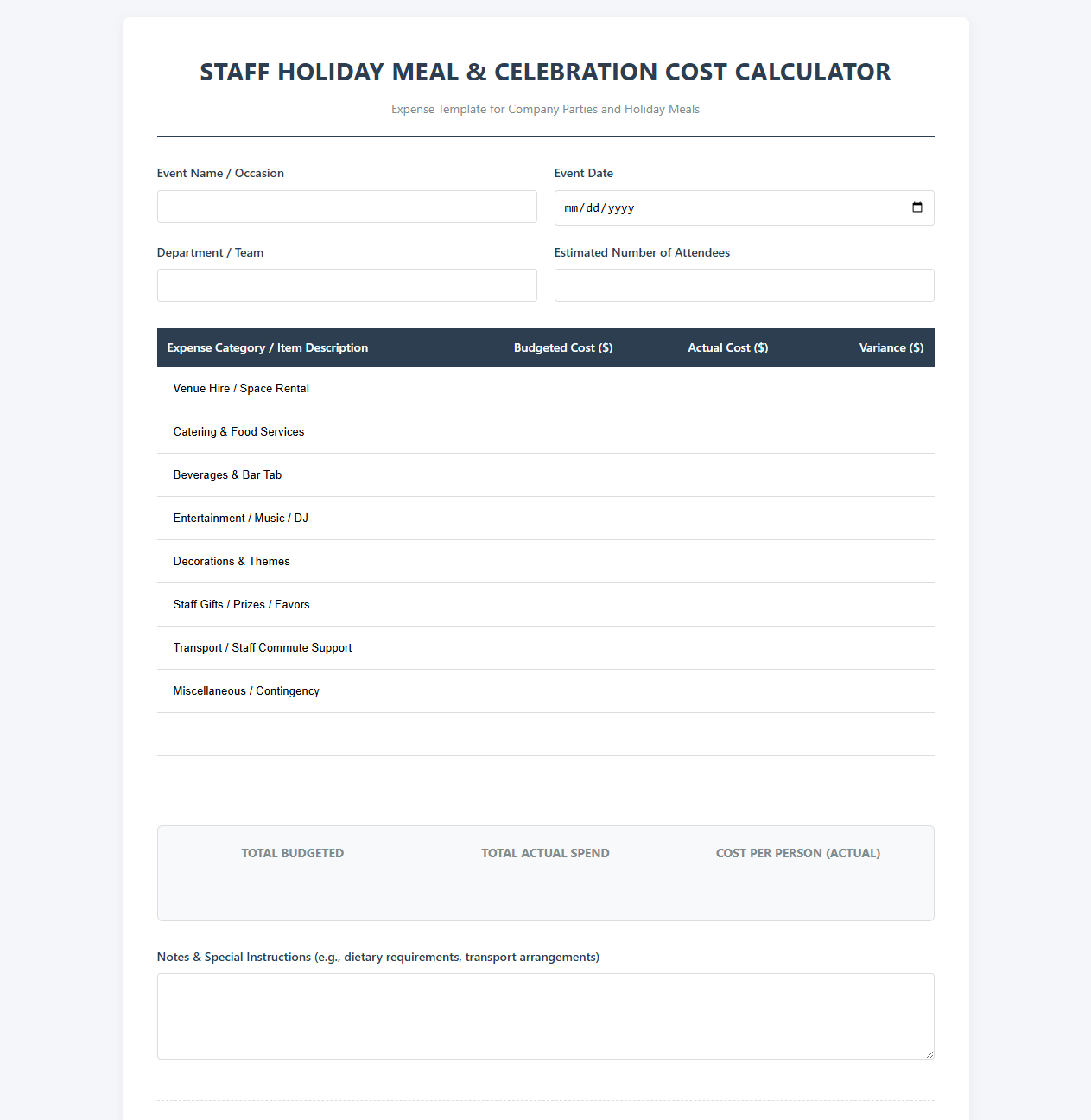 Staff Holiday Meal and Celebration Cost Calculator