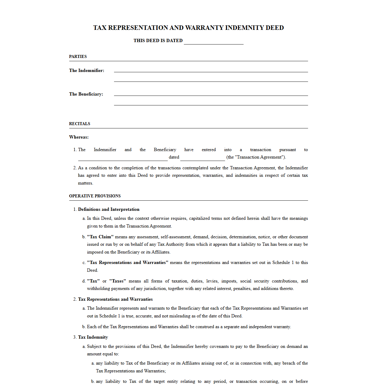 Standalone Tax Representation and Warranty Indemnity Deed