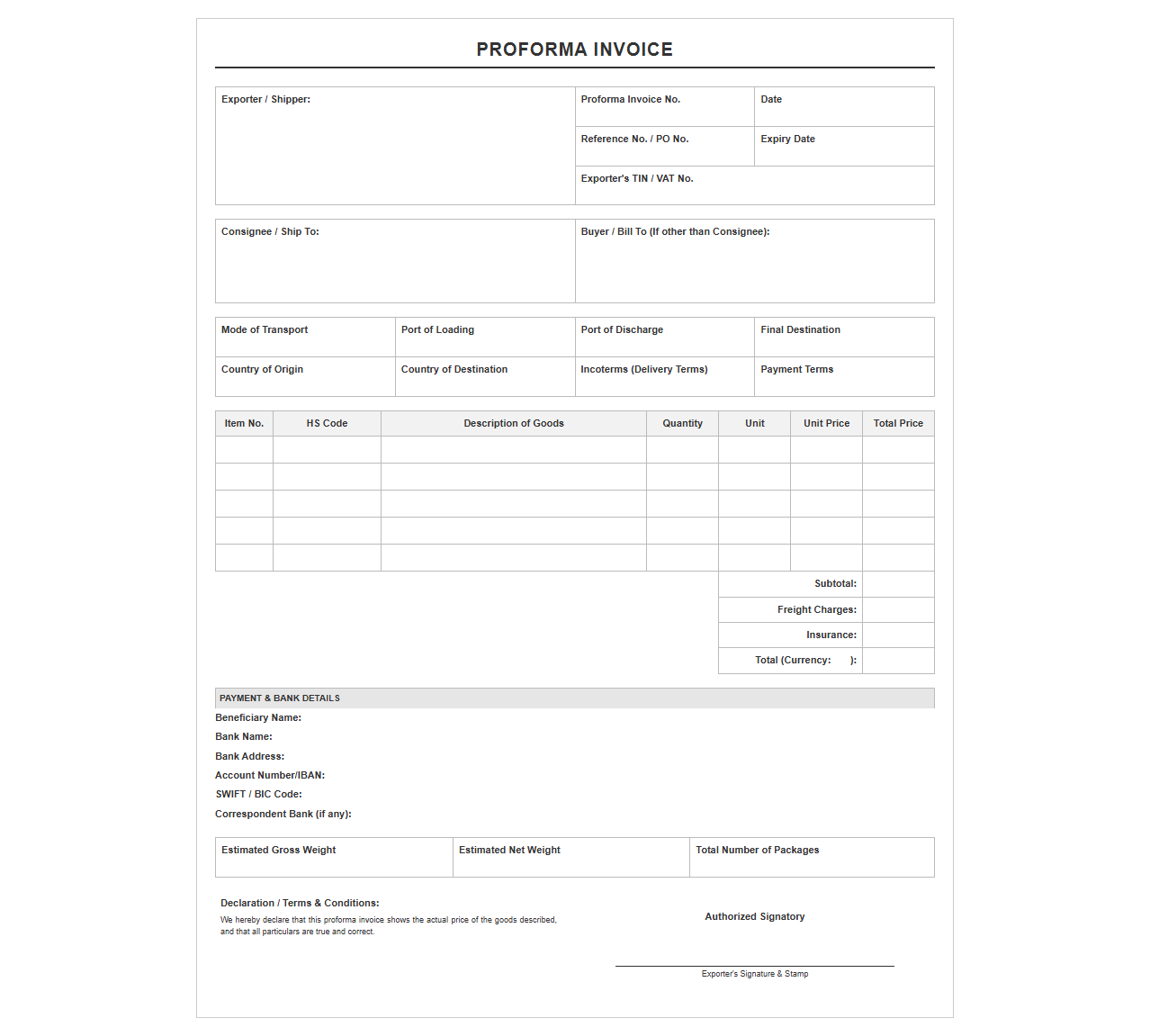 Standard International Trade Proforma Invoice Document